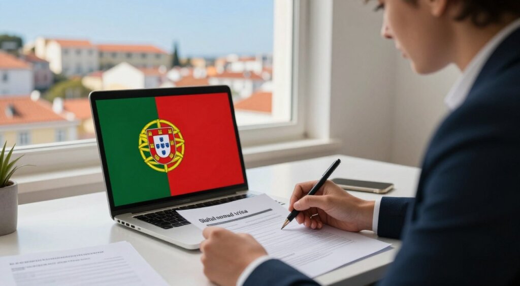 A close-up shot of a focused individual sitting at a modern workspace, surrounded by documents and a laptop open with the Portuguese flag on the screen. The person, dressed in professional business attire, is intently filling out an application form for a digital nomad visa. In the background, a large window reveals a picturesque view of Lisbon's architecture, showcasing the iconic pastel-colored buildings and a clear blue sky. Soft, natural lighting filters through the window, creating a warm and inviting atmosphere. The scene captures a sense of aspiration and determination, embodying the journey of applying for a digital nomad visa in Portugal. The composition is framed from a slight angle, adding depth and context to the focused application process.