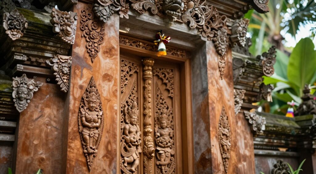 A close-up shot of an intricately carved traditional Balinese door, showcasing expert craftsmanship. The foreground features delicate woodwork details, including floral patterns and mythological figures, with the grain texture highlighted. In the middle, the door is set within a rustic stone arch, adorned with traditional Balinese offerings. The background includes lush tropical greenery, gently blurred to emphasize the door. Soft, diffused natural light filters through, casting gentle shadows that enhance the rich color of the wood. A warm, inviting atmosphere evokes the charm of Bali's artistry. The angle captures the ornate features of the door, inviting viewers to appreciate the meticulous craftsmanship inherent in Balinese culture.
