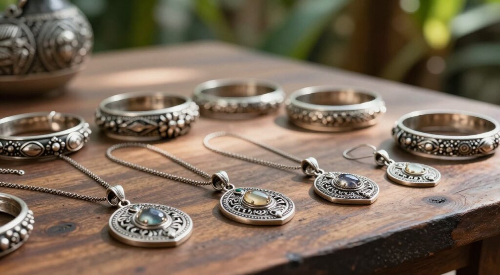 A close-up shot of beautifully crafted silver Bali jewelry displayed elegantly on a rustic wooden table. The foreground features intricate silver pendants adorned with detailed engravings and semi-precious stones that glimmer softly in the ambient light. The middle ground captures an array of silver bangles and earrings, showcasing the unique designs typical of Bali craftsmanship, featuring floral motifs and delicate filigree work. In the background, softly blurred tropical foliage hints at an exotic setting, adding context to the jewelry’s origin. The scene is illuminated by natural, warm sunlight filtering through leaves, creating a serene and inviting atmosphere. The focus is sharp on the jewelry, portraying it in stunning detail, typical of professional photojournalism.