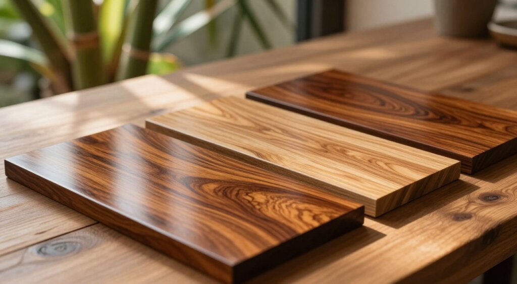 A close-up shot of high-quality Bali veneers displayed elegantly on a wooden surface, showcasing their rich, warm tones and unique grain patterns. The foreground features a smooth, polished veneer piece reflecting light, highlighting its texture and craftsmanship. In the middle, a selection of various veneer samples arranged neatly, demonstrating the diversity of colors and patterns typical of Bali veneers—ranging from deep mahogany to lighter oak shades. The background is softly blurred to draw attention to the veneers, featuring natural elements like bamboo and tropical foliage, creating a warm and inviting atmosphere. The composition is well-lit with soft, natural sunlight streaming in, enhancing the richness of the wood. Shot in a professional, high-resolution format that captures every detail akin to stunning photojournalism.