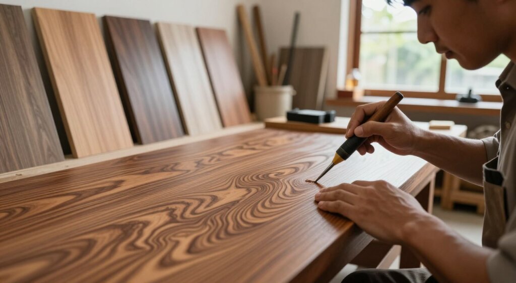 A close-up view of a beautifully crafted Bali veneer panel, showcasing its rich texture and intricate wood grain patterns. In the foreground, a skilled artisan is applying a protective finish with professional-grade tools, dressed in modest, professional attire. The middle ground features a variety of Bali veneers displayed artistically, demonstrating different shades and finishes, emphasizing their longevity and aesthetic appeal. The background includes a softly lit workshop with natural light filtering through large windows, casting gentle shadows, and creating a serene atmosphere. The composition emphasizes craftsmanship, highlighting both the maintenance process and the enduring beauty of Bali veneers, captured in sharp detail with a DSLR camera at a low angle for an immersive perspective.