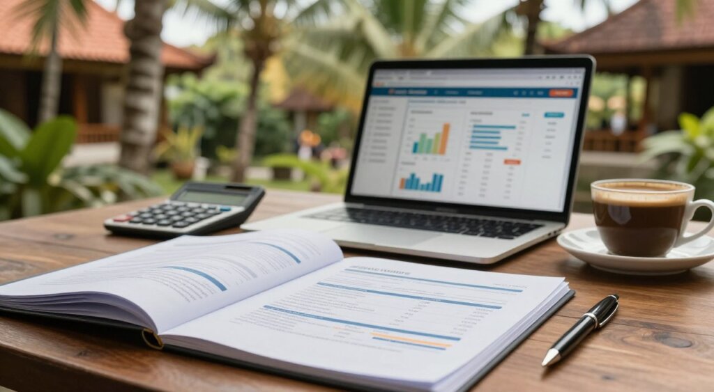 A close-up view of a business bank account paperwork spread on a wooden table, with tropical foliage in the background suggesting Bali. In the foreground, an open folder displays documents with graphs and fees highlighted, alongside a calculator, a pen, and a cup of Balinese coffee. In the middle, a laptop is visible, showing a business dashboard interface with charts and calculations related to bank charges. The background features blurred palm trees and traditional Balinese architecture, enhancing the tropical atmosphere. The lighting is warm and inviting, suggesting a productive workspace, with soft-focus depth to emphasize the details in the foreground. The overall mood is professional yet relaxed, reflecting the essence of doing business in Bali.