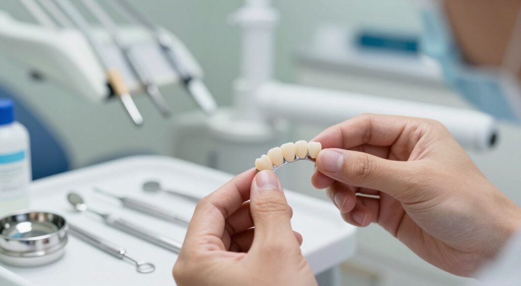 A close-up view of a dental professional inspecting a collection of Bali veneers, highlighting their unique designs and textures. In the foreground, a pair of hands in professional attire gently hold the veneers, showcasing their high-quality craftsmanship. The middle ground features a well-organized dental workspace with tools and materials, subtly suggesting the considerations surrounding their application. In the background, a soft-focus environment simulates a modern dental clinic, with bright, inviting lighting that enhances the details of the veneers. The atmosphere conveys a serious yet optimistic mood, emphasizing the importance of understanding risks and considerations in dental aesthetics. The image has a sharp focus with a shallow depth of field, reminiscent of sophisticated photojournalism, capturing the intricate beauty and professionalism of dental veneers without any text or distractions.