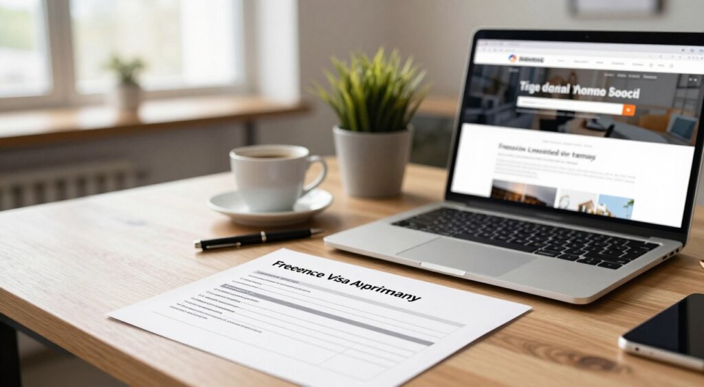 A close-up view of a professional workspace showing a freelance visa application for Germany, placed on a clean wooden desk. The scene includes a laptop displaying a digital nomad website, a cup of coffee next to a pen, and a potted plant adding a touch of greenery. In the background, a cozy co-working space is visible with soft, natural lighting filtering through large windows, casting gentle shadows. The mood is focused and productive, capturing the essence of remote work. The lens is set at a slight angle, emphasizing the application and creating depth, while maintaining clarity on the desk details. No people are present, ensuring a clean and professional presentation.