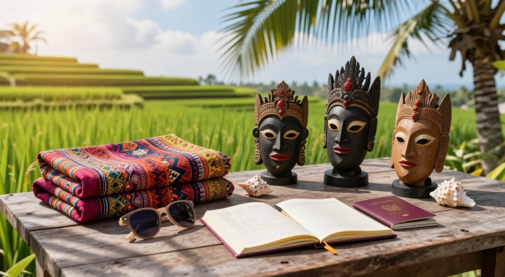 A collection of Bali vacation mementos arranged on a rustic wooden table, featuring traditional Balinese crafts, vibrant sarongs, intricately carved wooden masks, and seashells from the pristine beaches. In the foreground, a pair of stylish sunglasses and a passport rest beside a small travel journal opened to a page filled with notes. The middle ground displays a backdrop of lush green rice terraces under a bright blue sky, conveying the beauty of Bali. Soft, golden sunlight filters through palm leaves, casting dappled shadows on the table. The mood is nostalgic, capturing the bittersweet essence of leaving Bali. The image is framed with a slight tilt to add a dynamic perspective, reminiscent of professional photojournalism, with sharp details and muted colors for a realistic aesthetic.