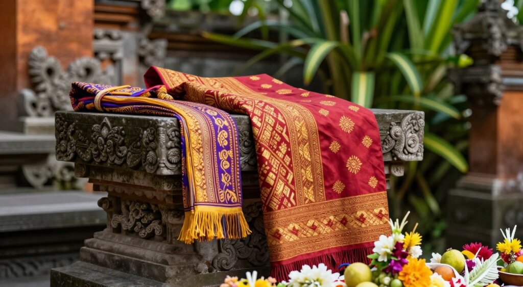 A colorful sarong and matching sash placed elegantly on a stone altar, showcasing the vibrant patterns and textures typical of Balinese craftsmanship. The sarong, in warm hues of red and gold, drapes gracefully over the altar, while the sash in complementary colors is tied neatly beside it. In the foreground, delicate offerings of flowers and fruit add to the serene atmosphere. The background features lush tropical greenery, hinting at the sacred temple environment with ornate stone carvings subtly visible in soft focus. The lighting is warm and natural, evoking a peaceful midday ambiance, with soft shadows that accentuate the intricate details of the fabric. The overall mood reflects reverence and preparation for a sacred visit, capturing the essence of Bali's rich cultural tradition.