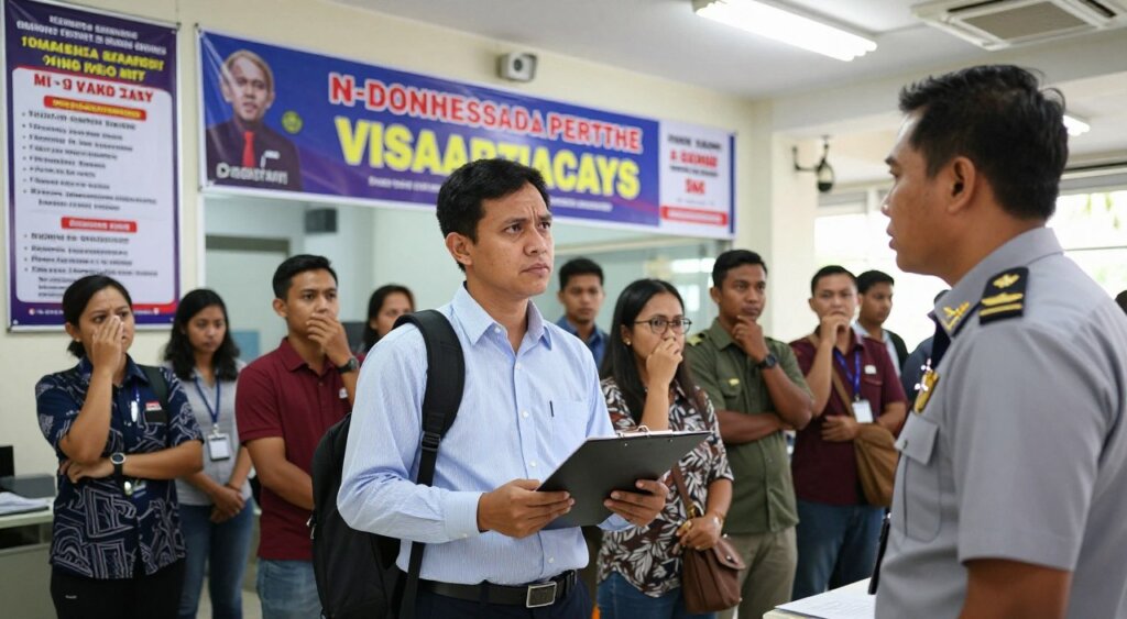 A concerned traveler standing at a bustling Indonesian immigration office, surrounded by posters highlighting visa regulations and amnesty programs. The foreground features the traveler, dressed in professional attire, holding a clipboard and looking attentively at an immigration officer, who is engaged in conversation. The middle ground showcases a diverse group of people waiting in line, displaying a mix of expressions from anxiety to relief. In the background, there's a large banner about visa overstays with vibrant colors, set against the backdrop of the office's bright, fluorescent lighting. The photo captures the mood of urgency and hope, emphasizing the importance of understanding visa policies in Indonesia, shot with a wide-angle lens for a documentary feel.