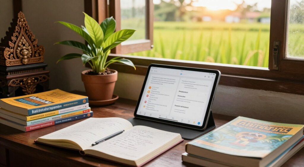 A cozy Balinese study space showcasing Indonesian language learning resources. In the foreground, an open notebook with handwritten phrases, a tablet displaying a language learning app, and a stack of colorful Indonesian textbooks. The middle ground features a vibrant indoor plant and a wooden desk with a traditional Balinese carving. In the background, a window reveals a serene view of lush rice paddies under soft, golden sunlight, casting a warm glow throughout the room. The composition invites a sense of focused learning and tranquility, emphasizing a blend of modern technology and cultural heritage. The scene has a warm, inviting mood, perfect for an educational setting, captured in high-resolution photojournalism style. A cozy Balinese study space showcasing Indonesian language learning resources. In the foreground, an open notebook with handwritten phrases, a tablet displaying a language learning app, and a stack of colorful Indonesian textbooks. The middle ground features a vibrant indoor plant and a wooden desk with a traditional Balinese carving. In the background, a window reveals a serene view of lush rice paddies under soft, golden sunlight, casting a warm glow throughout the room. The composition invites a sense of focused learning and tranquility, emphasizing a blend of modern technology and cultural heritage. The scene has a warm, inviting mood, perfect for an educational setting, captured in high-resolution photojournalism style.