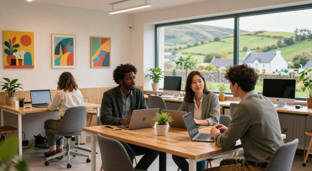 A cozy and modern co-working space in Ireland, showcasing a warm and inviting atmosphere. In the foreground, a group of three professionals of diverse backgrounds, dressed in smart casual attire, are engaged in deep conversation around a stylish wooden table. In the middle ground, sleek desks with laptops, potted plants, and bright, colorful artwork on the walls create a vibrant workspace. The background features large windows with views of rolling green hills and traditional Irish cottages under a soft, diffused light, suggesting a serene afternoon. The ambiance is productive yet relaxed, embodying the essence of remote work in an inspiring Irish setting, captured with a warm color palette.