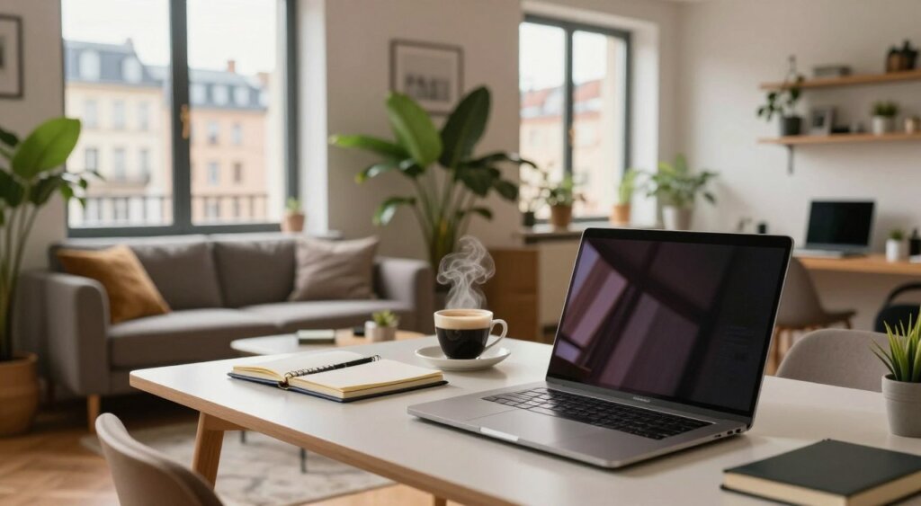 A cozy and stylish workspace tailored for digital nomads in a charming European city. In the foreground, a modern desk with a laptop, notebooks, and a steaming cup of coffee, reflecting a productive atmosphere. In the middle, an inviting living area featuring a comfortable sofa and vibrant houseplants, illustrating a homey yet professional vibe. The background showcases large windows with a stunning view of historic architecture, soft natural light streaming in, creating a warm glow in the room. The overall mood is relaxed and inspiring, perfect for long-term stays. The color palette is a blend of earthy tones and pops of color, emphasizing creativity and comfort. The composition captures the essence of remote work and the digital nomad lifestyle.