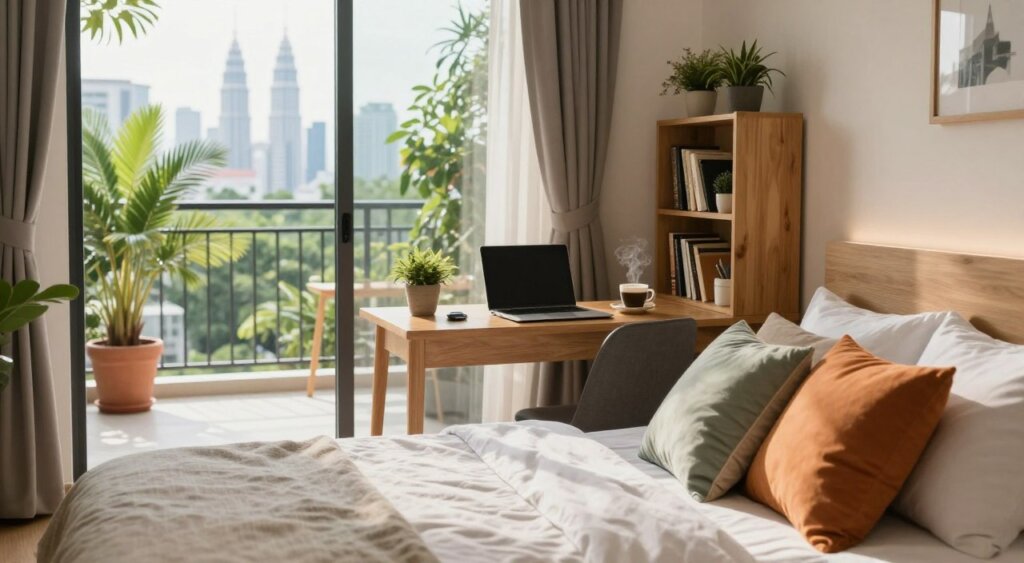 A cozy digital nomad accommodation in Malaysia, featuring a modern, well-lit workspace with a laptop and a steaming cup of coffee on a wooden desk. In the foreground, a comfortable bed with soft linens and vibrant throw pillows. The middle ground showcases large windows with greenery outside, allowing natural light to flood the room. A small bookshelf filled with travel books and potted plants adds character. The background reveals a sunny balcony with potted palms and a view of the Malaysian skyline. The atmosphere is inviting and productive, capturing the essence of a peaceful yet vibrant place for digital nomads. The image has bright, warm lighting, shot at a slight angle to emphasize the space’s comfort and functionality, resembling professional photojournalism.