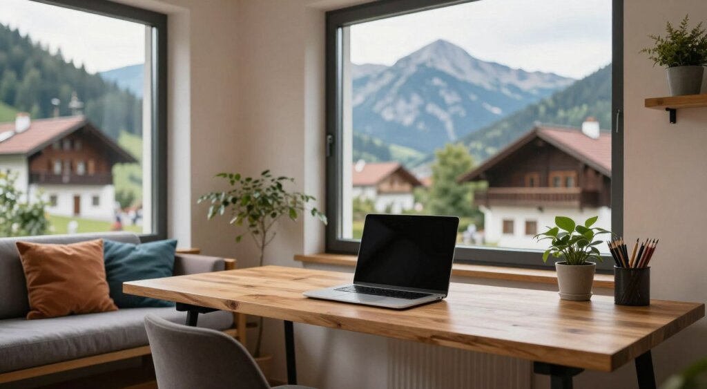 A cozy digital nomad accommodation in Slovenia, featuring a stylish, modern workspace with a large wooden desk, a laptop open on the table, and potted plants nearby. In the foreground, a window allows natural light to flood in, highlighting a comfortable seating area with a soft couch and colorful cushions. In the middle, a vibrant mountain view can be seen through the window, illustrating the scenic beauty of Slovenia. The background includes charming Slovenian architecture, with a soft focus on traditional rooftops. The atmosphere is warm and inviting, capturing the essence of a productive yet relaxing environment for remote work. The lighting is soft and natural, reminiscent of a late afternoon, evoking a sense of tranquility and creativity.