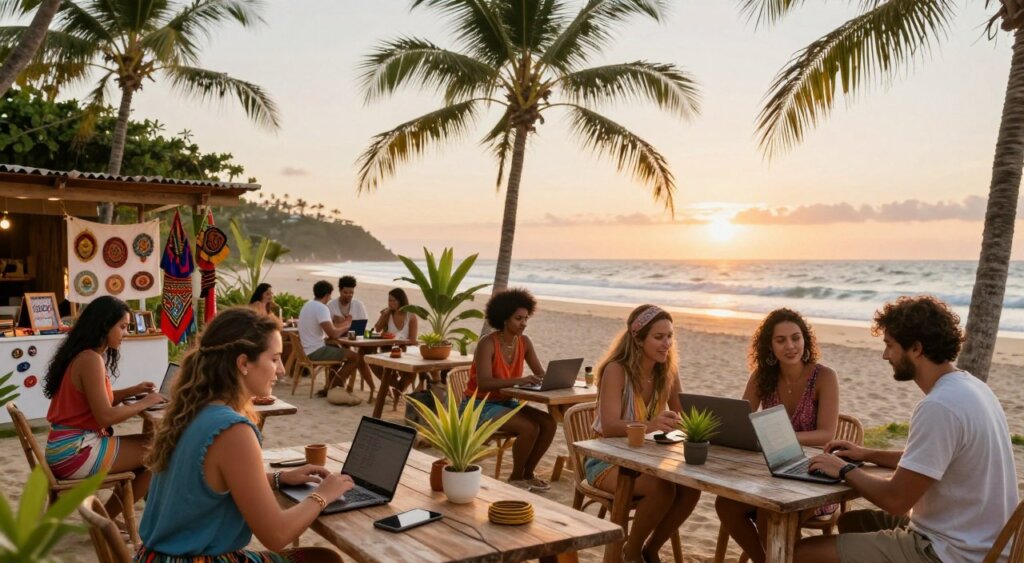A cozy digital nomad community in Uruguay, showcasing a vibrant outdoor workspace by the beach. In the foreground, a diverse group of professionals, dressed in colorful, modest casual clothing, are engaged in tasks on laptops and tablets, with friendly interactions and smiles. In the middle ground, rustic wooden tables are adorned with tropical plants and laptops, while local artisans display crafts nearby, signifying cultural richness. The background features a stunning sunset over the ocean, with palm trees swaying gently in the breeze. Soft, warm lighting accentuates the relaxed atmosphere, capturing the essence of community and collaboration among digital nomads in a picturesque Uruguayan setting.
