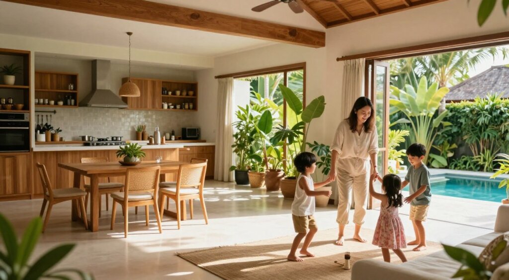 A cozy family-oriented accommodation in Bali, featuring a spacious living area with light wood furnishings and tropical decor. In the foreground, a modest family with two children engages in a fun activity, dressed in casual but neat clothing, enjoying each other's company. The middle ground showcases a bright, open kitchen and dining area, adorned with tropical plants, inviting sunlight streaming through large windows. In the background, glimpses of lush greenery and a swimming pool can be seen, providing a serene vacation vibe. The image should be well-lit, capturing the warmth of Bali's atmosphere, with natural light enhancing the inviting features of the space. The composition resembles a professional photojournalism style, exuding a sense of family togetherness and comfort.