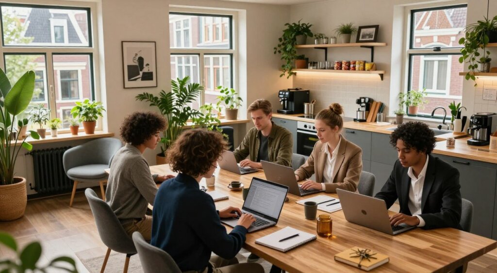 A cozy housing accommodation for digital nomads in the Netherlands, featuring a well-decorated shared workspace with modern furniture, lush indoor plants, and large windows flooding the space with natural light. In the foreground, a group of diverse individuals in business attire collaborate at a sleek wooden table, using laptops and notebooks. The middle ground showcases a stylish kitchenette with coffee machines and snack options, while in the background, traditional Dutch architecture is visible through the open windows, complementing the contemporary interior. The mood is vibrant and productive, encapsulating the essence of a comfortable and inspiring work environment for travelers. The lighting is warm and inviting, captured from a slightly elevated angle to highlight the interaction.