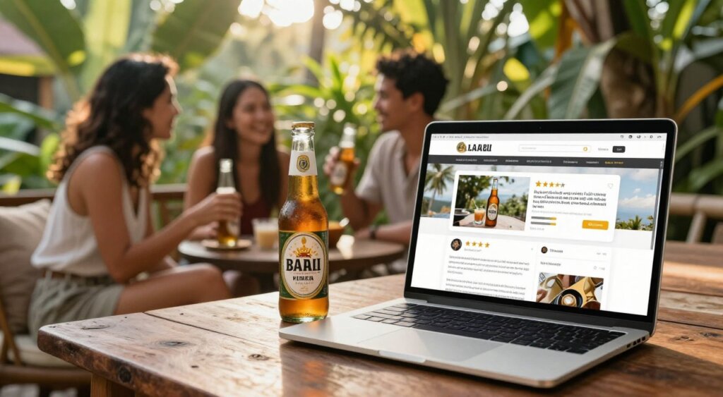 A cozy, inviting outdoor setting showcasing a laptop on a rustic wooden table, surrounded by tropical plants and a bottle of Bali beer prominently displayed. In the foreground, a close-up view of the laptop screen reveals a visually appealing and organized webpage featuring user reviews of Bali beer, complete with star ratings and imagery of the beer. In the middle ground, a casual setting includes a couple of friends dressed in modest, casual attire sharing their thoughts over Bali beer, with smiles and laughter enhancing the atmosphere. The background features lush greenery typical of Bali, with soft, warm sunlight filtering through the leaves, creating a relaxed, vibrant mood reminiscent of a tropical paradise. Aim for clarity with a slight bokeh effect to emphasize the laptop and beer while keeping the surroundings lively yet unobtrusive.