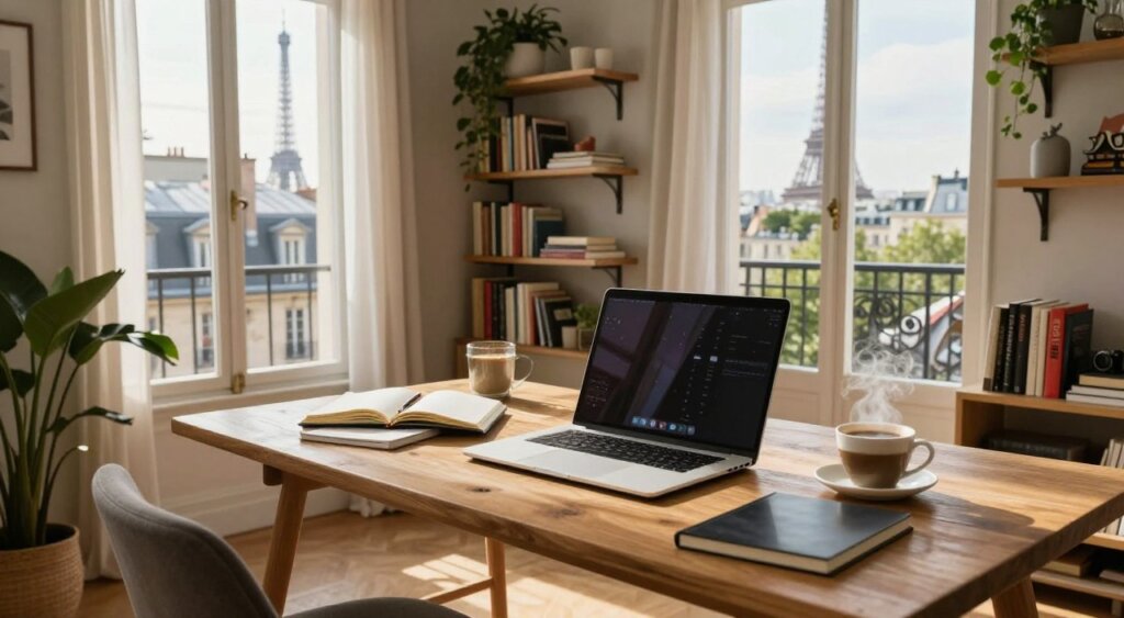 A cozy, inviting workspace in a charming, sunlit French apartment, designed for a digital nomad. In the foreground, a stylish wooden desk cluttered with a laptop, notebooks, and a steaming cup of coffee, reflects a productive atmosphere. A window showcases a picturesque view of Parisian rooftops and a glimpse of the Eiffel Tower in the background. The middle ground features shelves filled with travel books, plants, and personal mementos, while soft light filters through sheer curtains, creating a warm ambiance. The background captures the essence of French architecture, with artistic flair. The scene's mood is inspiring and tranquil, emphasizing a harmonious blend of work and the allure of living in France. Camera angle slightly tilted from above, with a focus on the workspace.