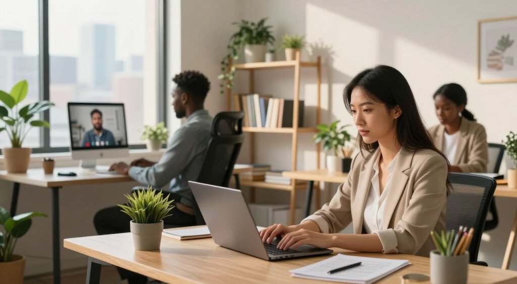 A cozy, modern home office setting bathed in warm, natural light, showcasing a diverse group of professionals engaged in remote work. In the foreground, a woman of Asian descent in a smart-casual outfit types on a laptop, surrounded by indoor plants and a well-organized desk with stationery. In the middle ground, a man of African descent video calls from a stylish ergonomic chair, with a city skyline visible through a large window. The background features a minimalistic shelf with books and decorative plant life, enhancing the professional yet comfortable atmosphere. Soft shadows play across the room, evoking a sense of productivity and inspiration, capturing the essence of remote work opportunities in the US.