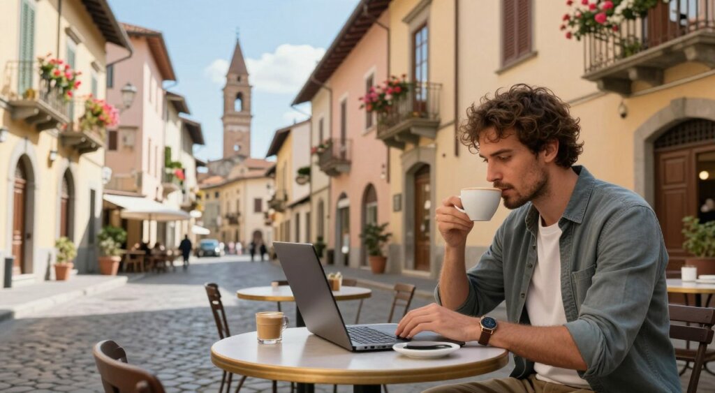 A cozy outdoor café scene in a historic Italian city, showcasing a digital nomad at work on a laptop, surrounded by a vibrant atmosphere. In the foreground, the nomad, dressed in smart casual attire, enjoys a cappuccino while focused on the screen. The middle ground features charming cobblestone streets lined with pastel-colored buildings adorned with flowering balconies, emphasizing the cultural richness of Italy. In the background, iconic landmarks like a church tower or ancient ruins can be faintly seen against a bright blue sky. Soft, warm lighting creates an inviting and inspiring mood, capturing the essence of living and working in Italy as a digital nomad. The image should evoke a sense of freedom, creativity, and lifestyle integration typical of this experience.