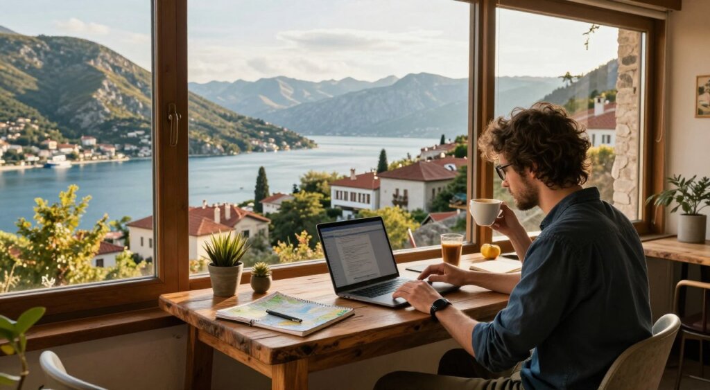 A cozy workspace overlooking the stunning Albanian landscape, showcasing a digital nomad immersed in their work. In the foreground, a person in smart casual clothing sits at a rustic wooden desk with a laptop, sipping coffee, surrounded by travel essentials such as a notebook and a map. The middle layer features a vibrant view of the Albanian mountains and coastal scenery through large windows, bathed in warm, golden sunlight, indicating late afternoon. The background reveals traditional Albanian architecture, blending modern and historic elements. The atmosphere is inviting and relaxed, conveying the ideal balance of work and leisure for a digital nomad. The composition emphasizes clarity and depth, capturing the essence of living and working in Albania, evoking inspiration and adventure.