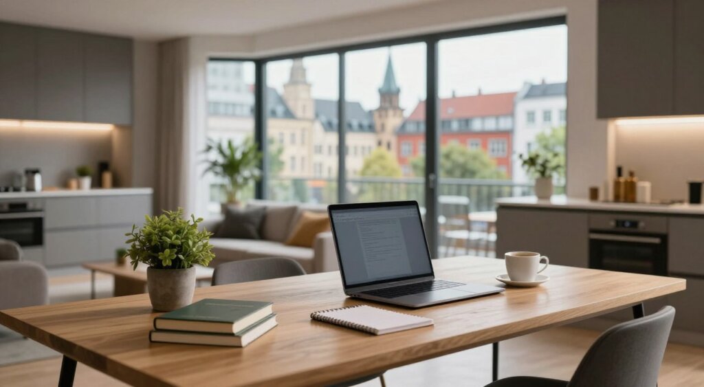 A cozy yet modern apartment interior in a bustling German city, showcasing a minimalist desk setup with a laptop, coffee cup, and a notepad to indicate a digital nomad's workspace. In the foreground, a stylish wooden table is adorned with a potted plant and a few books. The middle ground features a spacious living area characterized by large windows allowing natural light to flood the room, revealing a view of a vibrant urban landscape outside, including historic buildings and greenery. In the background, hints of a modern kitchen are visible, with sleek appliances and a tastefully designed layout. Soft, warm lighting accentuates the inviting atmosphere, creating a sense of comfort and professionalism in this space suitable for remote work. The overall mood conveys an ambiance of productivity and relaxation, perfect for digital nomads.