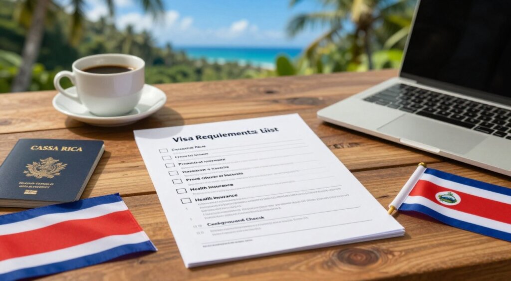A detailed Costa Rica visa requirements checklist laid out on a wooden table, with various items symbolizing digital nomad life scattered around: a laptop, coffee cup, and a small Costa Rican flag. The checklist should be neatly organized, with checkboxes for essential documents like passport, proof of income, health insurance, and background check. In the background, softly blurred out, display a tropical Costa Rican landscape featuring lush greenery and a vivid blue sky to evoke a sense of adventure and relaxation. Use natural light streaming in from the side to create a warm, inviting atmosphere, shot at a slightly overhead angle to capture both the checklist and the environment effectively, in a professional photojournalism style.