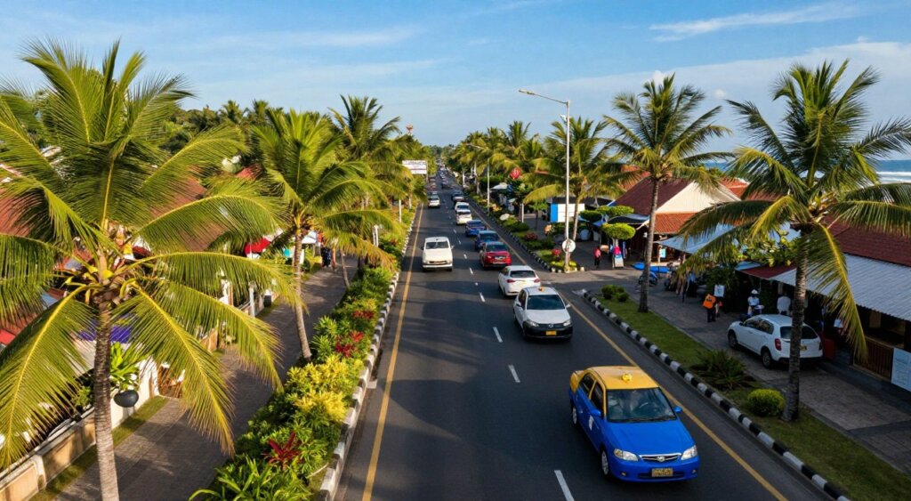 A detailed aerial view of Bali's Ngurah Rai International Airport transitioning to a scenic route towards Canggu, featuring a busy road with vehicles, lush green palm trees lining the sides, and a clear blue sky overhead. In the foreground, a vibrant blue taxi is seen navigating through the traffic, symbolizing transfer time. In the middle ground, the road curves gently, showing the distance travelers must navigate, with glimpses of local shops and cultural landmarks along the way. The background showcases soft hills and ocean waves in the distance, bathed in warm sunlight that evokes a sense of adventure and relaxation. The image should capture a vibrant yet calm atmosphere, conveying the journey from airport to destination, with a focus on clarity and professionalism.