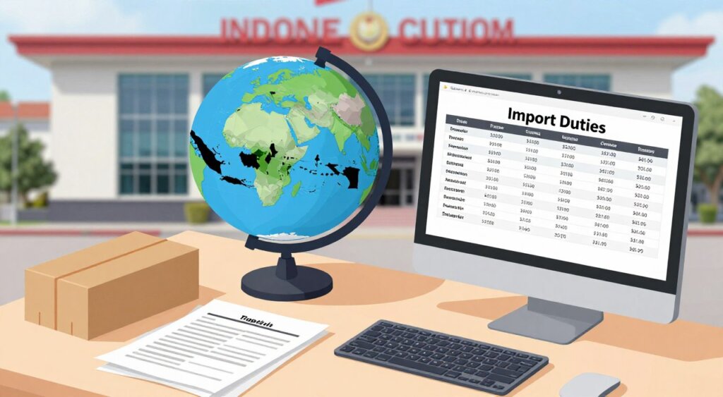A detailed and professional illustration of Indonesia's import duties calculation, focusing on the elements involved in customs processes. Foreground: A well-organized workspace with a computer displaying a spreadsheet of import duties, surrounded by documents about shipping logistics. Middle: A globe highlighting Indonesia, with arrows indicating shipping routes from various countries. Background: A softly blurred image of an Indonesian customs office, enhancing the context. Lighting: Bright and clear, evoking a sense of transparency and professionalism. Angle: A slight overhead view to capture all elements cohesively. Mood: Informative and focused, aimed at fostering understanding of duties and taxes. The overall composition should convey clarity and precision, akin to a National Geographic photojournalism style without any text or overlays.