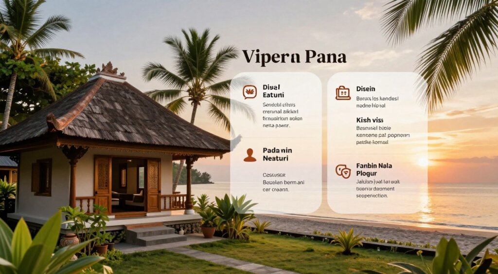 A detailed and professional photojournalistic image showcasing various Bali visa types for property rental. In the foreground, feature a traditional Balinese home with lush greenery surrounding it, symbolizing the property rental aspect. In the middle ground, display an informative visual representation of different visa types, like a chart or infographic, gently blending with tropical elements such as palm leaves. In the background, capture a serene beach scene at sunset, with warm golden and orange hues reflecting off the water. Use soft, natural lighting to create an inviting atmosphere. The overall mood should be relaxed yet informative, suited for an audience exploring the rental properties in Bali. No text or overlays present.