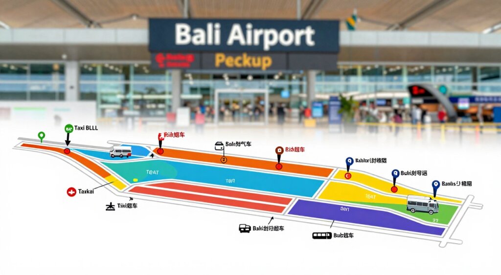 A detailed and realistic map of Bali Airport's pickup zones, depicted in a professional photojournalism style. The foreground shows a clearly marked layout of the airport's zones, with colors differentiating each area such as taxi stands, ride-sharing spots, and shuttle bus locations. The middle section includes pictorial elements like simple icons or symbols representing different transportation methods, ensuring clarity. The background features the airport terminal in a blurred, soft-focus effect, suggesting depth and context. Use natural, even lighting to enhance visibility and readability. The overall atmosphere should be informative and serene, inviting travelers to explore the airport's logistics. There are no texts or overlays in the image, just a comprehensive and clean design.