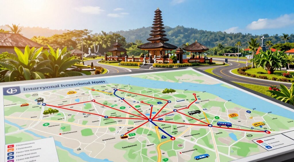 A detailed and vibrant depiction of a navigation map highlighting the routes around Bali International Airport. In the foreground, illustrate a close-up of an intricate navigation map with clear, marked routes, colored dots indicating points of interest, and stylized icons representing various transportation options like taxis, buses, and shuttles. The middle ground should showcase the airport surroundings, including tropical greenery and roads leading to scenic locations. In the background, incorporate the silhouette of Bali's iconic landmarks, such as temples and hills, under a clear blue sky. Use warm, natural lighting to evoke a welcoming atmosphere, making it feel vibrant and lively as travelers prepare for their journeys. Focus on a professional, photojournalism style, capturing the essence of navigation and travel in Bali.