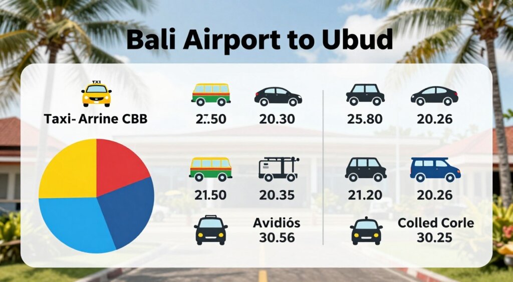 A detailed and visually engaging breakdown of transfer costs from Bali Airport to Ubud, illustrated as a comparative infographic. The foreground features a pie chart displaying various cost categories like taxi fares, shuttle services, and private car rentals. The middle section includes icons representing each transport method alongside their respective prices, creating an easy visual comparison. The background showcases a soft-focus image of Bali Airport with palm trees and tropical elements, enhancing the setting. Natural lighting illuminates the scene, simulating a bright, sunny day. The overall mood is informative and professional, suitable for a reader looking to understand transport expenses in Bali.