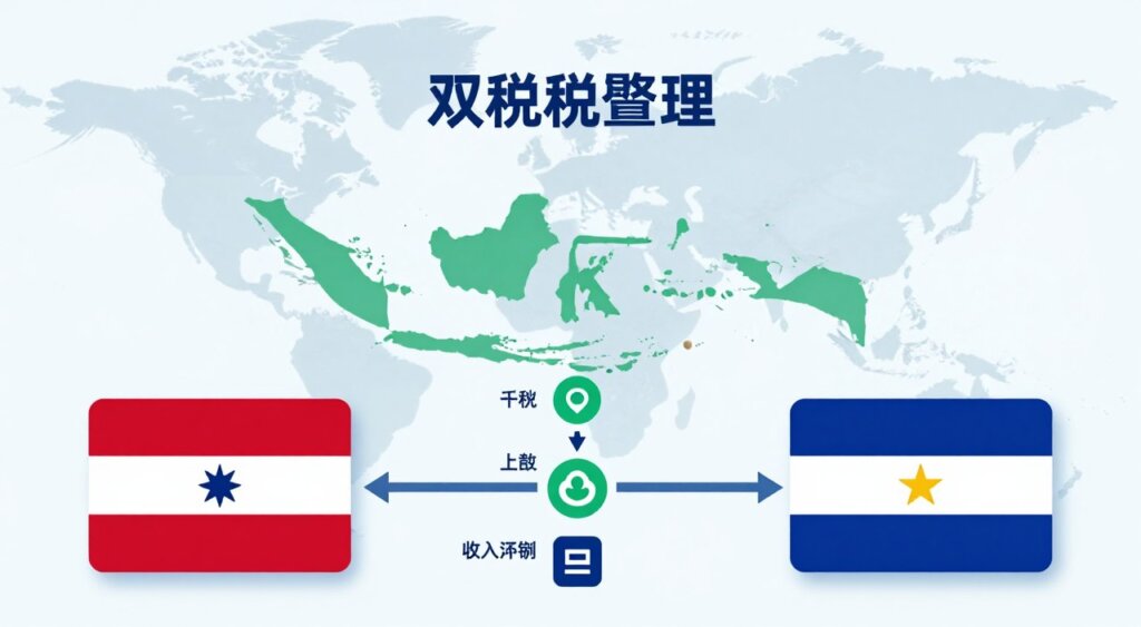 A detailed and visually engaging diagram illustrating a double taxation agreement. In the foreground, feature two distinct columns representing two countries, connected by arrows depicting the flow of taxation rights. The middle section should emphasize key elements like tax rates, exemptions, and bilateral cooperation, using clear icons and symbols. The background showcases a subtle world map, focusing on Indonesia and its international partners. Use a clean, professional color palette with blue and green tones to convey trust and stability. The lighting is bright and even, reflecting a sense of clarity and understanding. The image should have a polished, infographic style, suitable for a professional article, with a sense of informative precision and visual appeal.