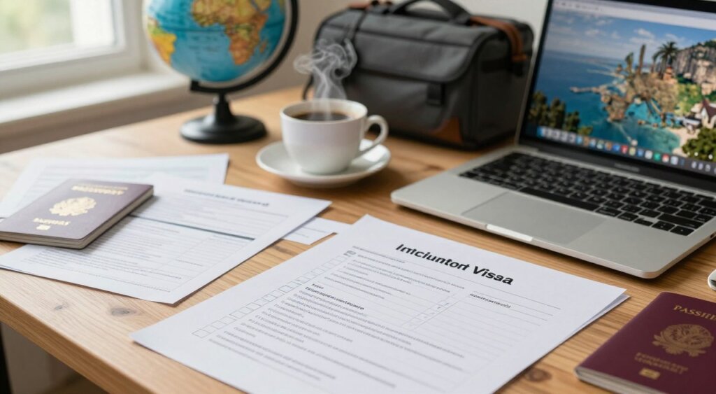 A detailed checklist for the digital nomad visa application process, laid out on a wooden desk. The foreground features a neatly organized checklist with boxes ticked off, alongside a laptop showcasing a travel-themed wallpaper. Scattered around are essential documents like passport copies and financial statements. The middle features a soft-focus coffee cup steaming gently, symbolizing a productive work environment. In the background, a globe and a laptop bag suggest a global working lifestyle. Natural light filters in through a nearby window, creating a warm and inviting atmosphere. The scene captures a sense of professionalism and readiness, reflecting the essence of a digital nomad's journey toward obtaining a visa in Europe.