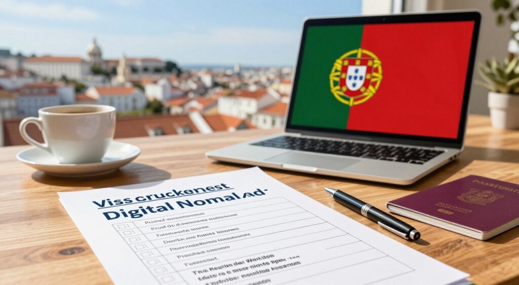 A detailed checklist illustrating the visa requirements for the Portugal Digital Nomad Visa. The foreground features a well-organized checklist on a wooden table, with distinct boxes for each requirement, such as proof of employment, minimum income, and valid passport. In the middle ground, an open laptop displays the Portugal flag on the screen, symbolizing digital nomadism, alongside a stylish coffee cup and a neatly arranged pen. In the background, a soft-focus image of Lisbon’s skyline, with its iconic architecture and bright blue sky, adds a touch of authenticity. The lighting is warm and inviting, with natural sunlight streaming in, creating a productive atmosphere. The overall mood is professional and focused, appealing to aspiring digital nomads.