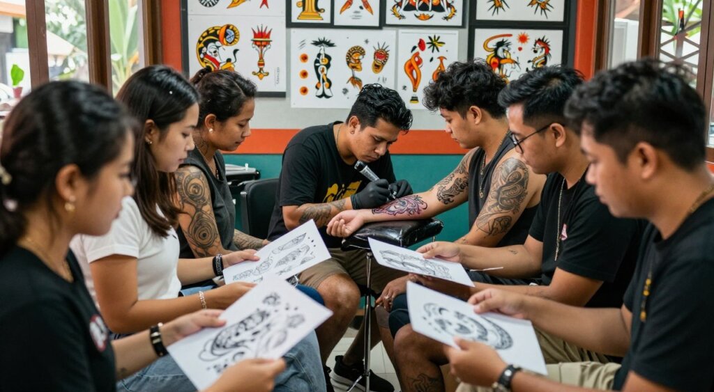 A detailed comparison of tattoo sizes and complexities in Bali, featuring a vibrant tattoo studio as the backdrop. In the foreground, a diverse group of individuals, dressed in professional casual attire, examines various tattoo designs on paper, analyzing their intricacies and sizes. The middle layer showcases a skilled tattoo artist at work, meticulously inking a large, intricate design on a client's arm, highlighting the artistry and precision involved. The background includes tattoo flash sheets displayed on the walls, showcasing a range of styles from simple to complex designs. Natural light filters through large windows, creating a warm, inviting atmosphere, while a shallow depth of field focuses on the tattoo process, capturing the details with clarity. The overall mood is lively and engaging, reflecting the bustling, creative environment of Bali's tattoo scene.