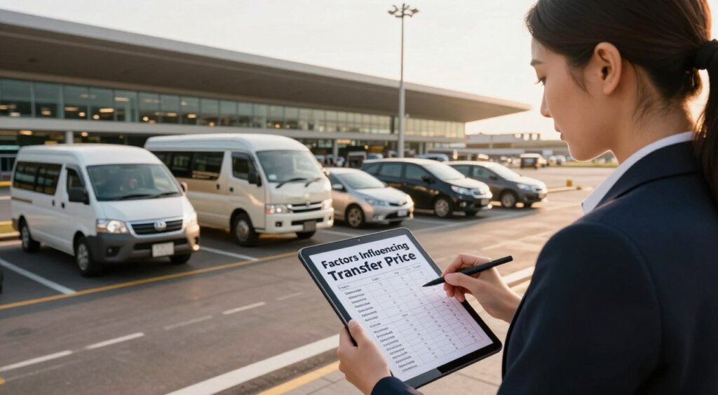 A detailed composition illustrating the concept of "Factors Influencing Transfer Price" in the context of airport transfers. In the foreground, a professional-looking travel agent in smart attire thoughtfully reviews a detailed pricing chart on a tablet, showcasing various factors like distance, time of day, and vehicle type. In the middle, diverse airport transfer vehicles, such as shuttles and private cars, are parked with an airport backdrop. The background features Bali's iconic airport architecture, bathed in warm late afternoon sunlight, creating a welcoming atmosphere. Soft shadows add depth, and the scene is captured with a slight wide-angle lens for an immersive feel, reminiscent of National Geographic's photojournalism style. The overall mood is informative and engaging, focusing on the intricacies of transfer pricing without any text elements.