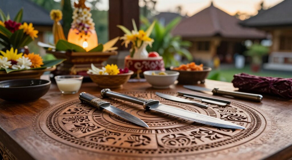 A detailed depiction of a Balinese Pawukon calendar on a traditional wooden table, beautifully engraved with intricate patterns. In the foreground, several sharp metal objects used for Tumpek Landep blessings, including a ceremonial blade, small knives, and tools, arranged artistically to highlight their significance. The middle ground features a softly lit altar adorned with offerings of vibrant flowers and leaves, adding a cultural touch. In the background, a subtle blurred view of a Balinese village with lush greenery, enhancing the serene atmosphere. The lighting is warm and natural, mimicking golden hour, with a shallow depth of field to focus on the foreground. The mood is reverent and contemplative, evoking the essence of Balinese spirituality and craftsmanship.
