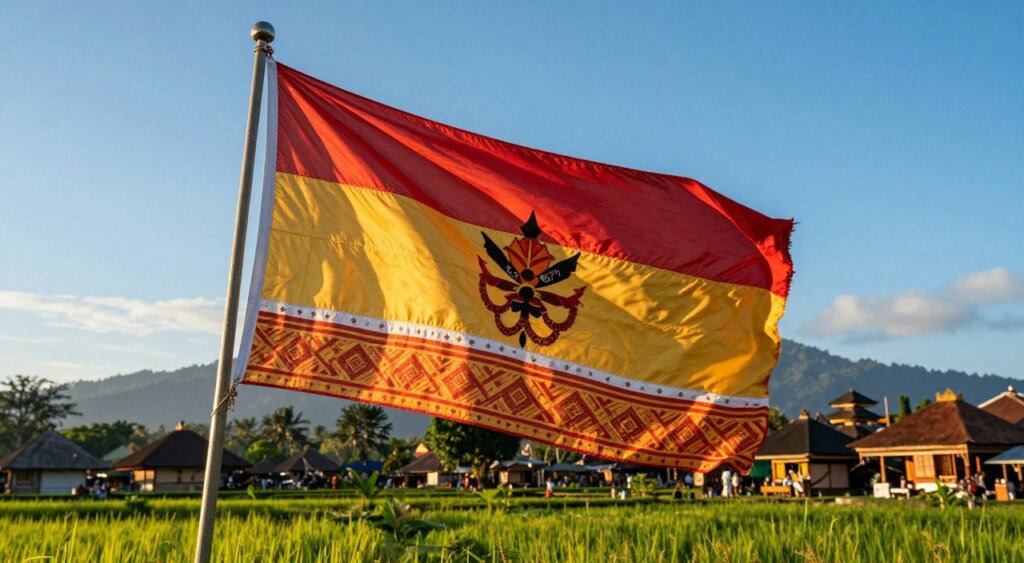 A detailed depiction of the origins and history of the Bali Flag, showcasing a vibrant traditional Balinese village setting as the foreground. In the middle ground, display prominent features of the flag, adorned with intricate patterns and rich colors, fluttering gracefully in the warm breeze. The background should feature lush rice paddies under a bright blue sky, with distant mountains providing a serene backdrop. Capture the scene in golden hour lighting, highlighting the colors and textures of the fabric, while evoking a sense of cultural pride and historical significance. Use a slightly elevated angle to showcase both the flag and the beauty of the landscape, creating an atmosphere of tranquility and heritage.