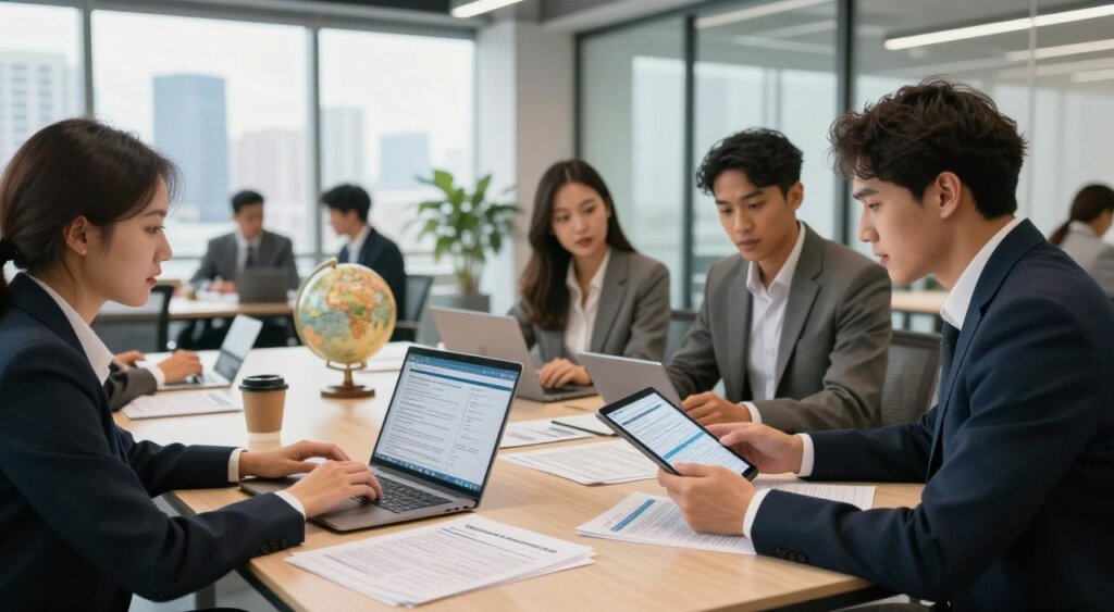 A detailed digital nomad visa application process scene unfolds in a sleek, modern co-working space. In the foreground, a diverse group of professionals in business attire discusses application documents with focused expressions. One person types on a laptop while another reviews a checklist on a tablet, showcasing engagement and collaboration. In the middle ground, a large, stylish table is cluttered with visa forms, a coffee cup, and a globe, symbolizing travel. The background features floor-to-ceiling windows with a city skyline, bathing the scene in soft, natural light, creating an atmosphere of ambition and professionalism. Capture this moment with a wide-angle lens to encompass the energy of the space, evoking inspiration and determination.