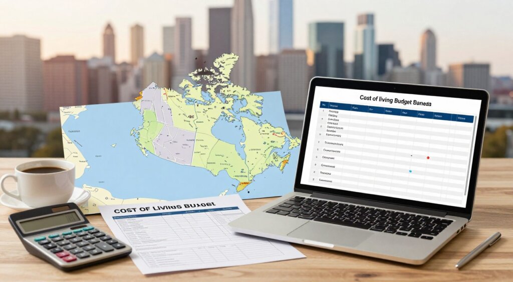 A detailed flat lay of a cost of living budget plan for a remote work visa in Canada. The foreground features a neatly arranged laptop displaying a spreadsheet with expenses labeled: housing, utility bills, transportation, groceries, and internet. Beside it, a calculator and a cup of coffee suggest a focused work environment. The middle ground layers include a map of Canada with highlighted cities, such as Toronto, Vancouver, and Montreal. In the background, a soft-focus city skyline, showcasing recognizable Canadian architecture, enhances the scene. The lighting is warm and inviting, suggesting productivity, with a shallow depth of field to emphasize the budget items. The mood is professional and organized, evoking a sense of clarity and planning for digital nomads.