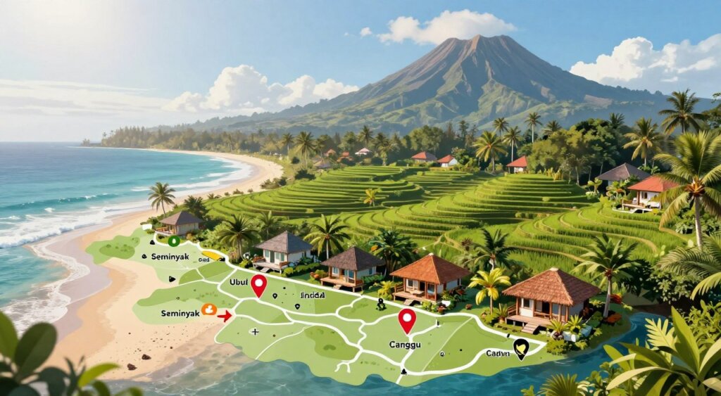 A detailed, illustrated map showcasing popular villa rental areas in Bali, featuring vibrant colors and clear demarcations. In the foreground, highlight key locations such as Seminyak, Ubud, and Canggu with visually distinct icons or markers, surrounded by lush tropical vegetation and coastal imagery. The middle layer includes a stylized depiction of Bali's picturesque rice terraces and beaches, seamlessly integrated with paths leading to each villa rental area. In the background, portray majestic volcanic mountains under a bright, sunny sky. Use soft, natural lighting to enhance the inviting atmosphere. The composition should convey an adventurous yet tranquil mood, perfect for potential villa renters seeking a serene escape in Bali. Ensure the overall design is clean and professional, in line with high-quality photojournalism standards.