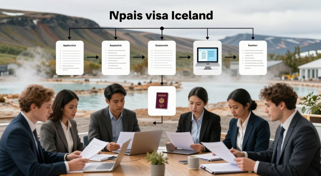 A detailed illustration of the digital nomad visa application process for Iceland, presented in a structured flowchart style. In the foreground, showcase a diverse group of professionals in business attire, deeply engaged in a discussion while reviewing documents. In the middle layer, depict key steps of the application process, including checklists and visual elements like a computer and a passport, rendered in a clean and organized layout. The background should feature iconic Icelandic landscapes such as mountains and geothermal hot springs, softly blurred to emphasize the foreground. Use natural lighting to create a warm and inviting atmosphere, simulating a workspace with a soft focus and a slight depth of field, reminiscent of high-quality photojournalism.