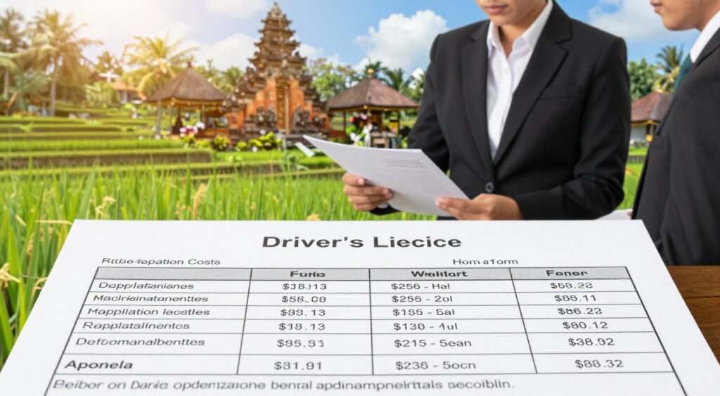 A detailed, informative image capturing the costs and fees involved in applying for a driver's license in Bali. The foreground features a neatly organized table displaying various fees, such as application costs, testing fees, and additional charges, all set against a backdrop of Bali's iconic landscapes, like rice terraces or a temple. In the middle, include a professional individual dressed in business attire, examining documents related to the driver's license application process, conveying a sense of seriousness. The background showcases Bali's lush greenery and clear blue skies, encapsulating the island's tranquil atmosphere. Use natural lighting to enhance the warmth of the scene, and opt for a slightly elevated angle, giving a broader perspective of the setting. The overall mood is informative and professional, emphasizing the understanding of fees involved in the application process.