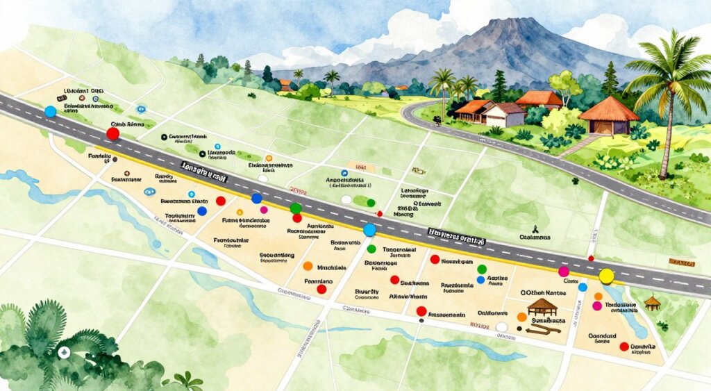 A detailed map illustrating the locations of outlet stores in Bali, focusing on a vibrant and appealing layout. In the foreground, emphasize the main shopping areas, each marked with colorful dots or icons representing various outlet stores. The middle layer should depict major roads and landmarks, providing context to the locations with clear lines and labels. In the background, a subtle watercolor illustration of Bali's lush landscapes and iconic scenery, including palm trees and mountains, enhances the setting. The lighting is bright and inviting, creating a sense of daytime exploration, while the perspective is slightly tilted to give an engaging, three-dimensional feel. The overall mood should inspire excitement and adventure for shoppers looking to discover Bali's factory outlets. No text or overlays are included.