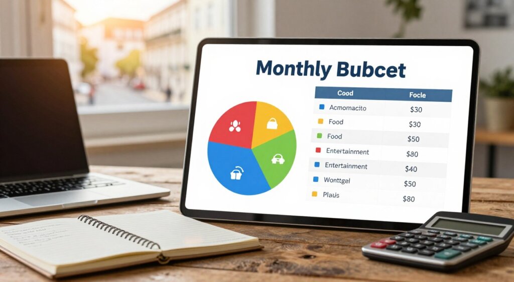A detailed monthly budget breakdown for a digital nomad living in Portugal, depicted as a visually appealing infographic on a rustic wooden desk. In the foreground, show items like a laptop, a stylish notebook with financial notes, and a calculator, all arranged neatly. The middle ground features a colorful pie chart illustrating cost categories like accommodation, food, transportation, and entertainment, with graphic icons representing each section. In the background, include a softly blurred window showcasing a sunny Lisbon street, enhancing the atmosphere of a vibrant urban lifestyle. The lighting is warm and inviting, suggesting a late afternoon glow, while a shallow depth of field focuses attention on the budget details, evoking a sense of practicality and aspiration for digital nomads.