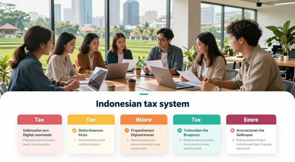 A detailed overview of the Indonesian tax system for digital nomads, depicted in a professional photojournalism style. In the foreground, an infographic-style illustration showing tax categories, regulations, and compliance steps, designed with vibrant colors to attract attention. The middle layer features a diverse group of professionals in modest business attire, discussing tax-related documents in a modern co-working space, surrounded by laptops and digital tools. In the background, iconic Indonesian landmarks like rice terraces and skyscrapers provide context, symbolizing the fusion of tradition and modernity. Bright, natural lighting floods the scene, creating an inviting atmosphere that balances professionalism with a sense of adventure. The angle is slightly elevated, offering a comprehensive view of the entire scene.