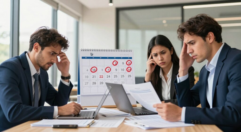 A detailed, photojournalism-style image depicting a professional business setting, illustrating common mistakes made by visa holders regarding reporting deadlines. In the foreground, a diverse group of three individuals dressed in smart business attire—two men and one woman—are gathered around a table cluttered with documents and laptops, looking confused as they discuss visa paperwork. In the middle ground, a calendar prominently shows various deadlines circled in red, symbolizing urgency. The background features a modern office with large windows, allowing warm, natural light to flood the scene, creating an atmosphere of tension and concern. The image captures an atmosphere of seriousness and focus, highlighting the importance of accurate reporting for visa holders.