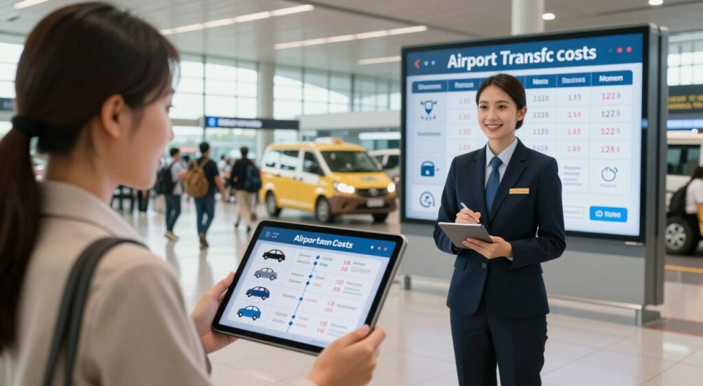 A detailed, professional photojournalism scene depicting the comparison of airport transfer costs and service benefits. In the foreground, a businesswoman in smart casual attire is evaluating a chart on her tablet, showing various transportation options like taxis, shuttles, and ride-sharing. In the middle ground, a friendly airport official stands next to an infographic on a digital screen, highlighting price and service summaries, with icons representing comfort, speed, and reliability. The background features the bustling ambiance of Ngurah Rai International Airport, showcasing travelers and transport vehicles. The scene is well-lit, with natural daylight filtering in through large windows, creating a warm and inviting atmosphere. The image captures a sense of professionalism, clarity, and informative engagement, perfect for illustrating the value of airport transfers. A detailed, professional photojournalism scene depicting the comparison of airport transfer costs and service benefits. In the foreground, a businesswoman in smart casual attire is evaluating a chart on her tablet, showing various transportation options like taxis, shuttles, and ride-sharing. In the middle ground, a friendly airport official stands next to an infographic on a digital screen, highlighting price and service summaries, with icons representing comfort, speed, and reliability. The background features the bustling ambiance of Ngurah Rai International Airport, showcasing travelers and transport vehicles. The scene is well-lit, with natural daylight filtering in through large windows, creating a warm and inviting atmosphere. The image captures a sense of professionalism, clarity, and informative engagement, perfect for illustrating the value of airport transfers.