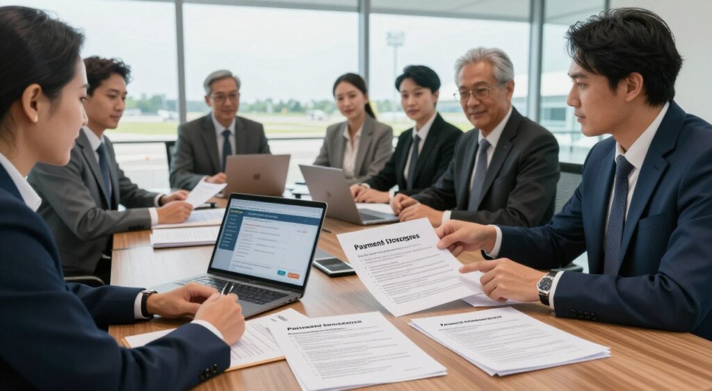 A detailed, professional setting showcasing a meeting room focused on airport transfer payment and cancellation policies. In the foreground, a wooden conference table is adorned with neatly organized papers outlining payment structures, cancellation terms, and safety policies. A laptop displays a travel booking interface. In the middle, a diverse group of business-oriented individuals dressed in professional attire engaging in discussion, some pointing to the documents, embodying a collaborative atmosphere. The background features large windows revealing a glimpse of an airport runway, with natural sunlight streaming in, enhancing the professionalism and clarity of the scene. The overall mood is focused and informative, highlighting the importance of understanding policies related to airport transfers in Bali for travelers.